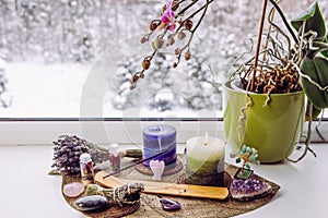 Small good feng shui altar in home on window sill. photo