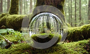 A small graceful tree, encased in a transparent glass sphere, against the background of a lush green forest.