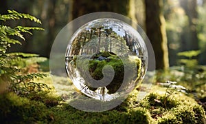 A small graceful tree, encased in a transparent glass sphere, against the background of a lush green forest.