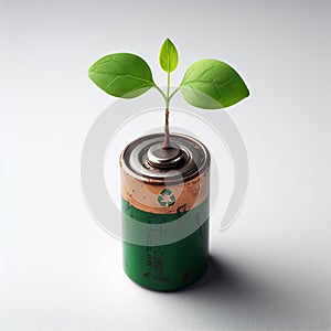 small grass sprout from an old AA battery isolated on a white background