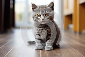 Small gray kitten sitting on wooden floor