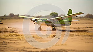 A small green airplane is parked on a dirt field, Small prop plane landing on a dirt landing strip in Africa, AI Generated