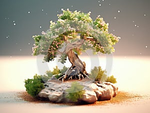 Small, green bonsai tree on top of rock or stone. It is placed in center of scene and stands out against its