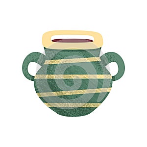 Small green ceramic pot with stripes and two handles. Old vessel for liquids. Antique clay vase. Flat vector icon with