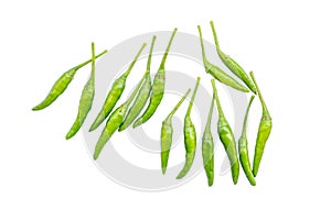 Small green chillies also known as Capsicum annuum chilli peppers and Capsicum frutescens isolated on white