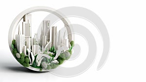 Small green eco city in the sphere, ecological concept of saving the planet. Generated AI