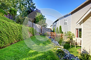 Small green fenced back yard with nice garden.