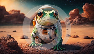 A small green frog, named Hoppy, journeys to the red planet, Mars, Generative Ai