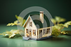 Small green house mockup on background with keys, concept of selling buying houses.