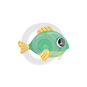 Small green marine fish with yellow fins and shiny eyes. Adorable sea creature. Cartoon aquatic animal. Underwater