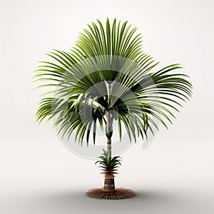 Small, green palm tree standing alone in an empty white room. It is positioned on left side of frame and appears to be