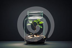 Small green plant in a glass jar with coins on a dark background, A glass jar full of coins and a little plant growing inside the