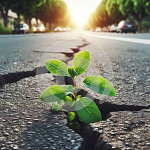 Small green plant growing out of crack in asphalt road