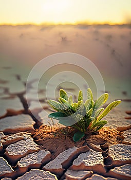 Small green plant growing out of a dry field in the middle of a desert in the sunrise light