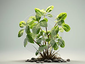 Small green plant, possibly an herb or succulent. It is placed on top of some rocks and pebbles in foreground, with few