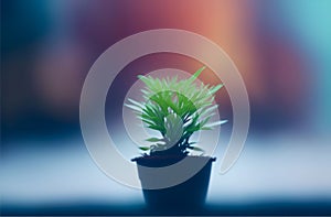 A small green plant in a small pot. a small plant growing in front of a blur background
