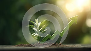 Green Growing Plant with Upward Arrow Chart Symbolizing Financial Growth and Success in Nature
