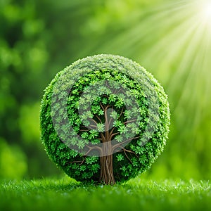 A small green round tree, plant, sprout, growing on the grass on a green nature bg