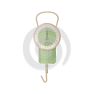 Small green scale with a round dial for manual weighing of various items and products. Vector illustration isolated on