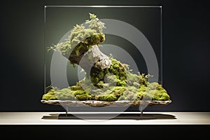 A small green sculpture made of moss growing on rocks sits on a wooden table