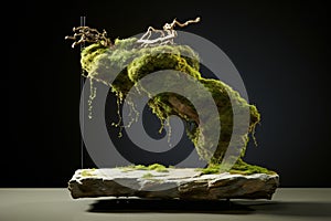 A small green sculpture made of moss growing on rocks sits on a wooden table