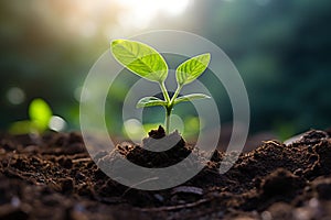 A small green seedling, growing from soil, white background