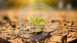 A small green sprout breaks through, growing among the cracked and dried soil without moisture.