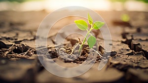 A small green sprout breaks through, growing among the cracked and dried soil without moisture.