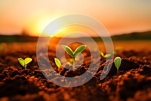 Small green sprout makes its way out ground against backdrop of orange sunset sun