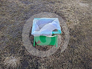 small and green trash can in the park