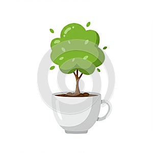 Small Green Tree Growing in White Tea Cup