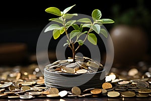 A small green tree grows from coins. The concept of saving accumulation and multiplication of savings.