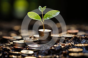 A small green tree grows from coins. The concept of saving accumulation and multiplication of savings.