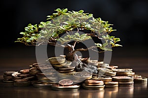 A small green tree grows from coins. The concept of saving accumulation and multiplication of savings.