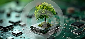 Small green tree grows on computer chip. Eco tech concept. Nature blends with tech. Modern tech meets nature. Green tree on photo