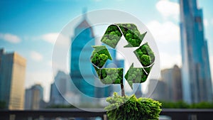 Small green tree in shape of Recycle sign captured in close-up with city street and skyscrapers in background