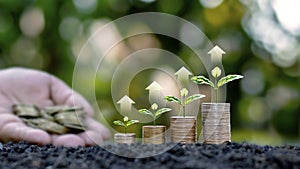 Small green trees growing on coin piles including rising arrows, ideas for saving money.