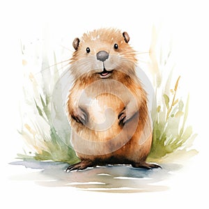 Charming Watercolor Illustration Of A Joyful Ground Beaver photo