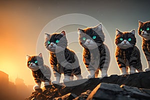 A small group of city cats with sparkling neckwear, displaying wit. AI generated