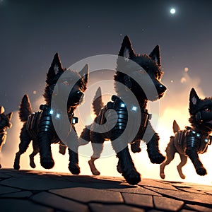 A small group of fierce black protection dogs in action on urban debris. AI generated photo