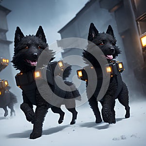 A small group of fierce black SWAT dogs in combat on city ruins. AI generated photo