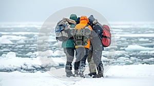 A small group of friends huddle together backs to the camera as they navigate way through a field of ice and snowdrifts