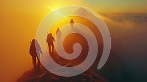 A small group of hikers reach the peak of a mist-covered mountain at dawn against the backdrop of a breathtaking