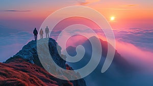 A small group of hikers reach the peak of a mist-covered mountain at dawn against the backdrop of a breathtaking