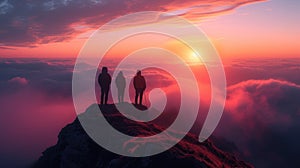 A small group of hikers reach the peak of a mist-covered mountain at dawn against the backdrop of a breathtaking