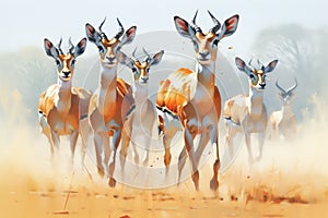 a small group of impalas bounding in unison