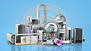 Small group modern Home appliances  E commerce or online shopping presentation concept 3d render on blue gradient