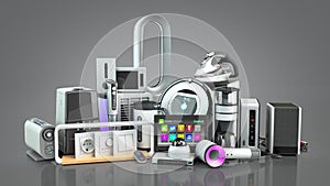 Small group modern Home appliances  E commerce or online shopping presentation concept 3d render on darck grey gradient