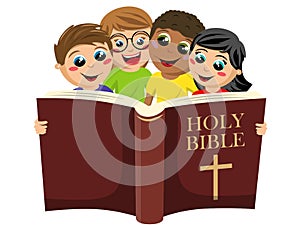 Small group of multicultural kids reading the holy bible book isolated on white
