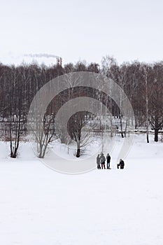 A small group of people on the frozen lake during a winter. One is sitting. Lots of trees without leaves and a smoke comming from